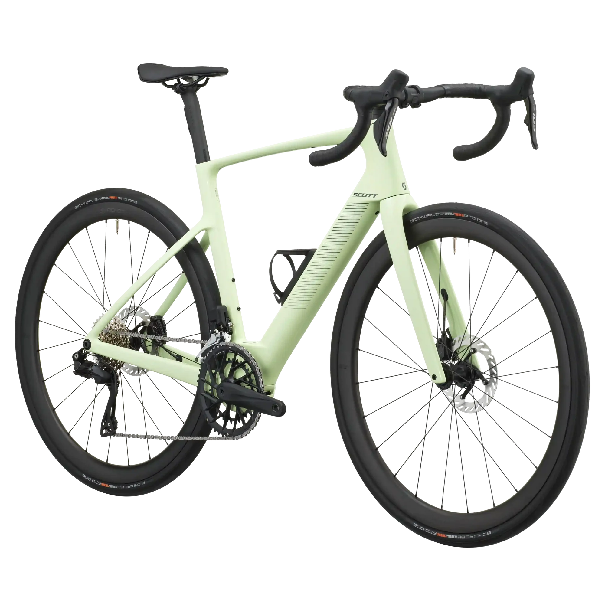 Cream green Scott Fastlane 20 e-road bike from a front three-quarter angle showing the aero frame and drop bars.