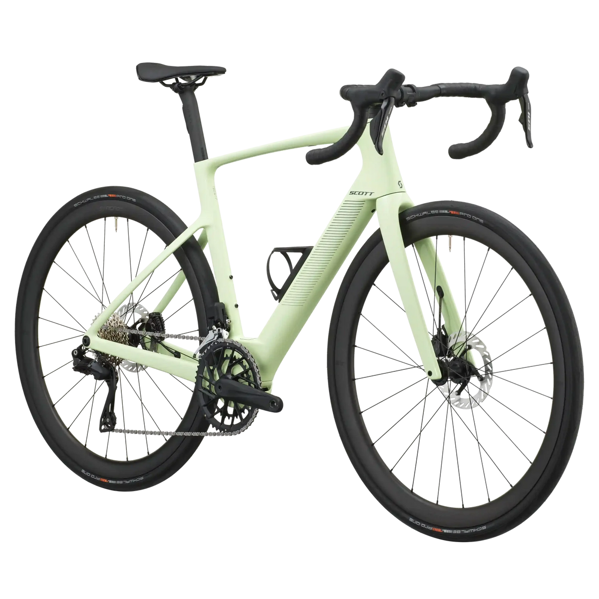 Cream green Scott Fastlane 20 e-road bike from a front three-quarter angle showing the aero frame and drop bars.
