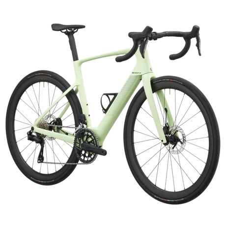 Cream green Scott Fastlane 20 e-road bike from a front three-quarter angle showing the aero frame and drop bars.