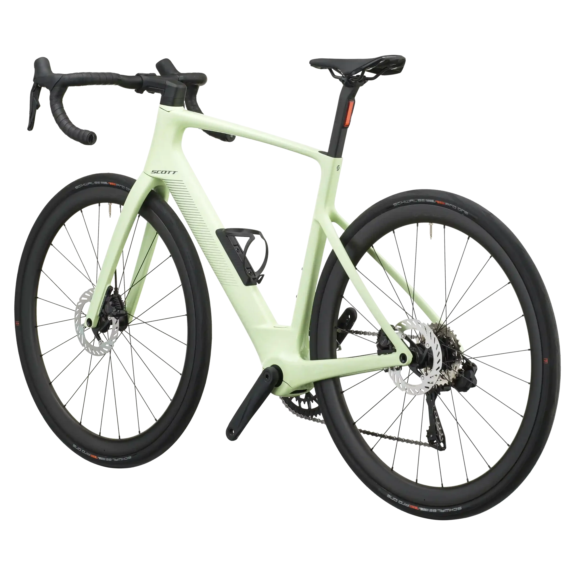Cream green Scott Fastlane 20 e-road bike from a rear three-quarter angle with integrated seatpost rear light.