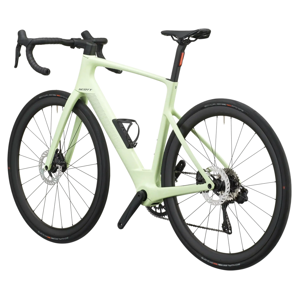 Cream green Scott Fastlane 20 e-road bike from a rear three-quarter angle with integrated seatpost rear light.