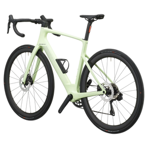 Cream green Scott Fastlane 20 e-road bike from a rear three-quarter angle with integrated seatpost rear light.