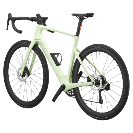 Cream green Scott Fastlane 20 e-road bike from a rear three-quarter angle with integrated seatpost rear light.