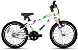 Frog 47 first pedal kids bike in white with coloured spot graphics, side view