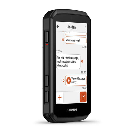 Garmin Edge 1060 at an angle, showing a message conversation with a voice message