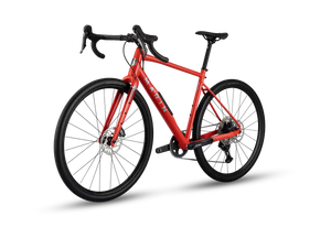 A red and black marin road bicycle with drop handlebars, disc brakes, and a rear derailleur, shown on a clean white background.