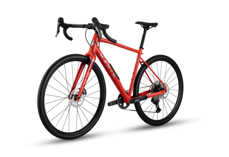 A red and black marin road bicycle with drop handlebars, disc brakes, and a rear derailleur, shown on a clean white background.