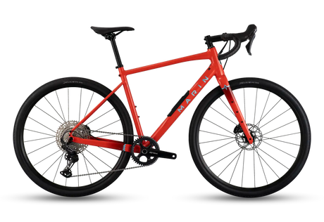 A red Marin road/gravel bicycle with black components, drop handlebars, and disc brakes, shown from a side profile on a white background.