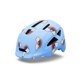 Giro Scamp II youth helmet in Multi Color, light blue with a rainbow and cloud print, front three-quarter view