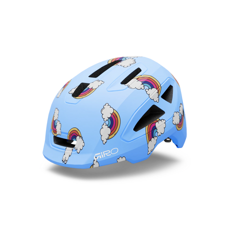 Giro Scamp II youth helmet in Multi Color, light blue with a rainbow and cloud print, front three-quarter view