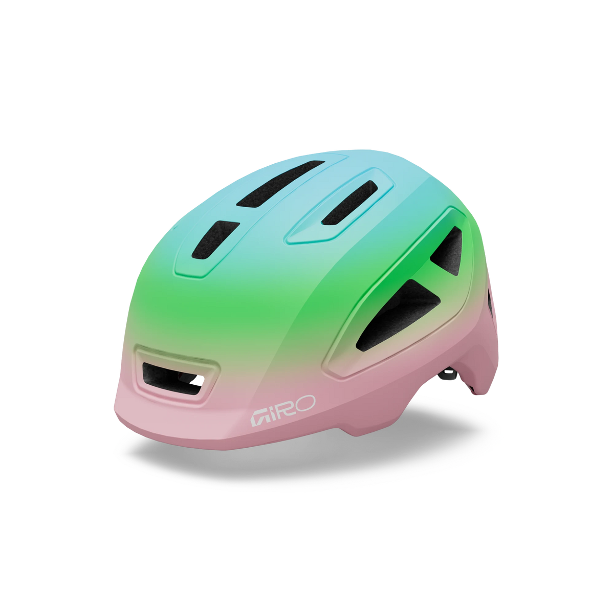 Giro Scamp II youth helmet in Pink/Green, a green to pink fade, front three-quarter view