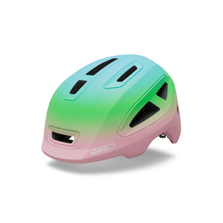 Giro Scamp II youth helmet in Pink/Green, a green to pink fade, front three-quarter view