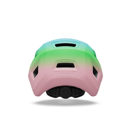 Giro Scamp II youth helmet in Pink/Green, rear view showing the fit system dial