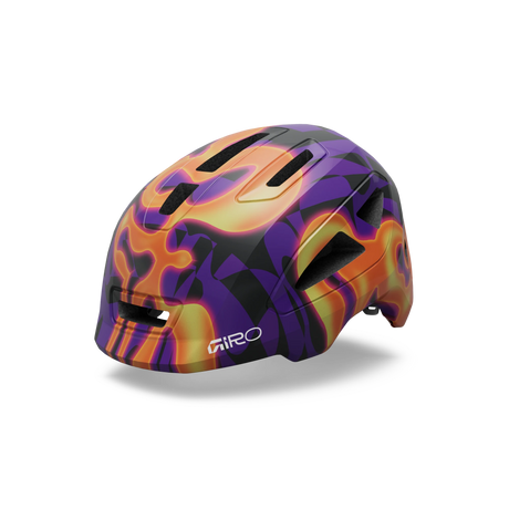 Giro Scamp II youth helmet in Purple Lava, a purple and orange pattern, front three-quarter view
