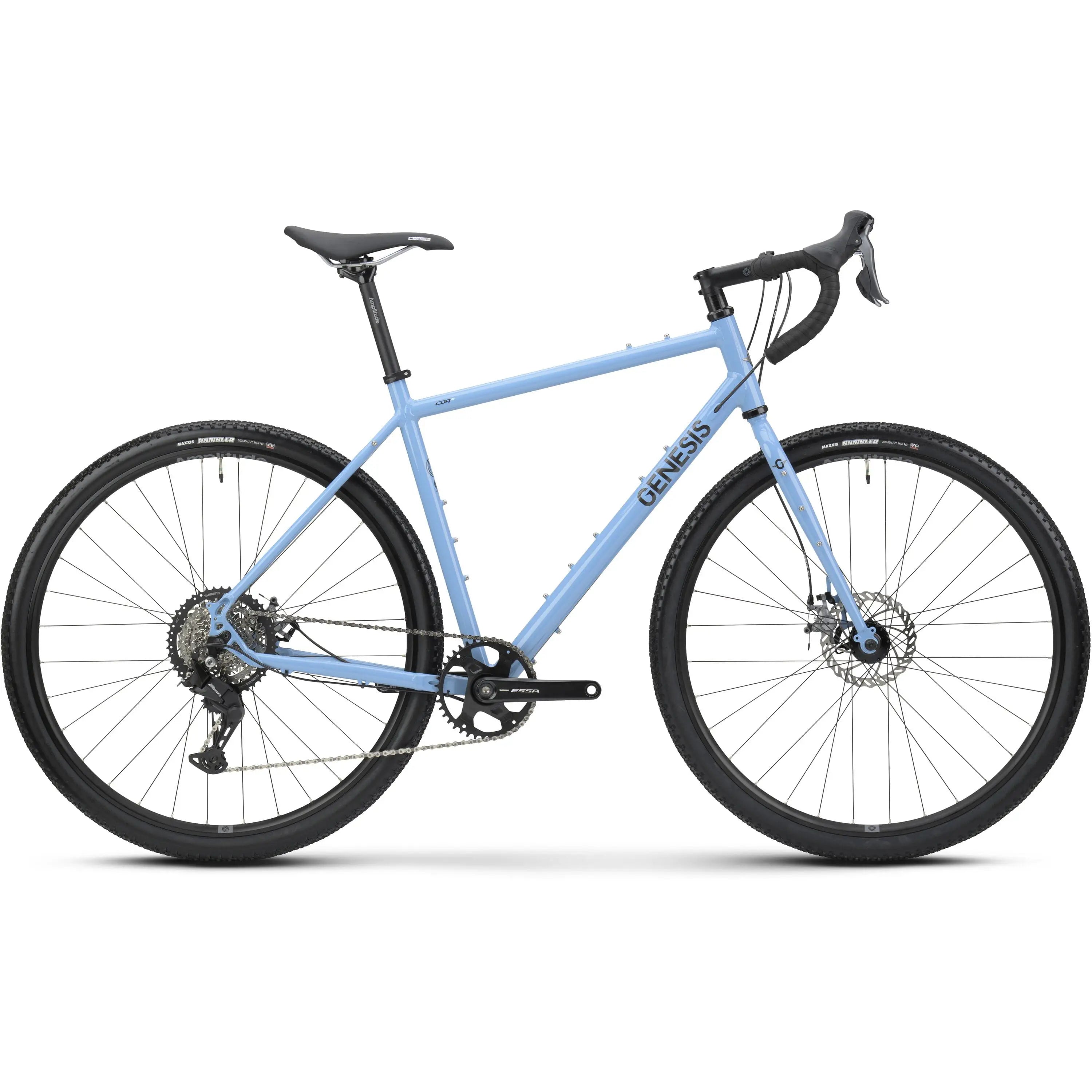 Light blue Genesis CDA 10 gravel bike with drop handlebars and disc brakes, side view.