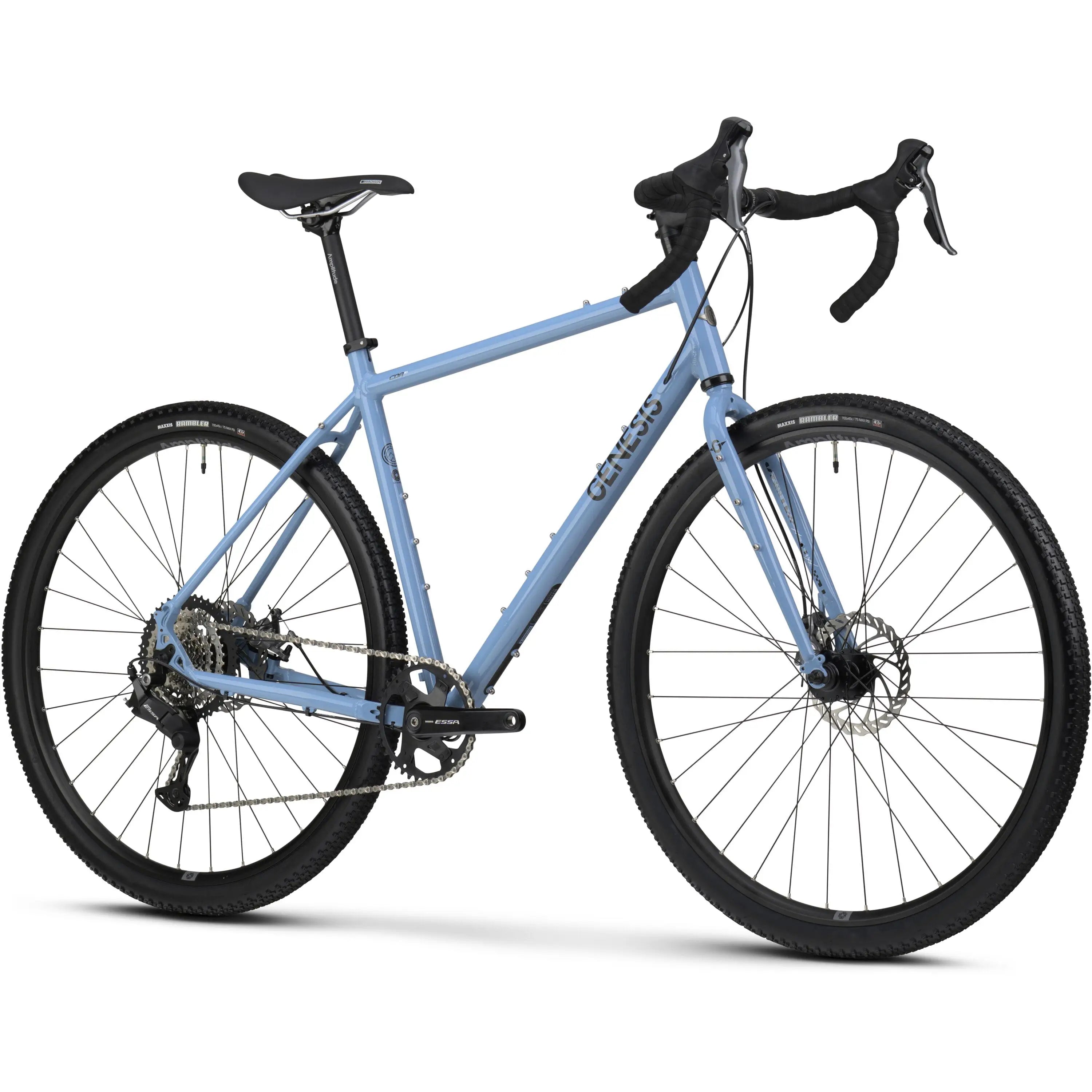 Light blue Genesis CDA 10 gravel bike with drop handlebars and disc brakes, side view.