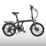estarli E20.7 Comfort Hybrid E-Bike in matte black with rear rack and disc brakes, ideal for urban commuting and outdoor cycling.