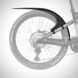 Mudhugger MK2 rear mudguard shown in position above the rear wheel of a mountain bike on a white background