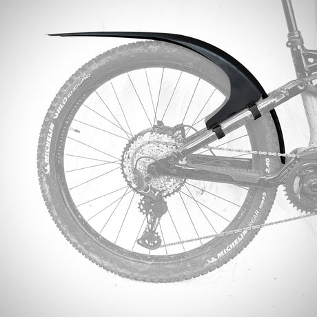 Mudhugger MK2 rear mudguard shown in position above the rear wheel of a mountain bike on a white background