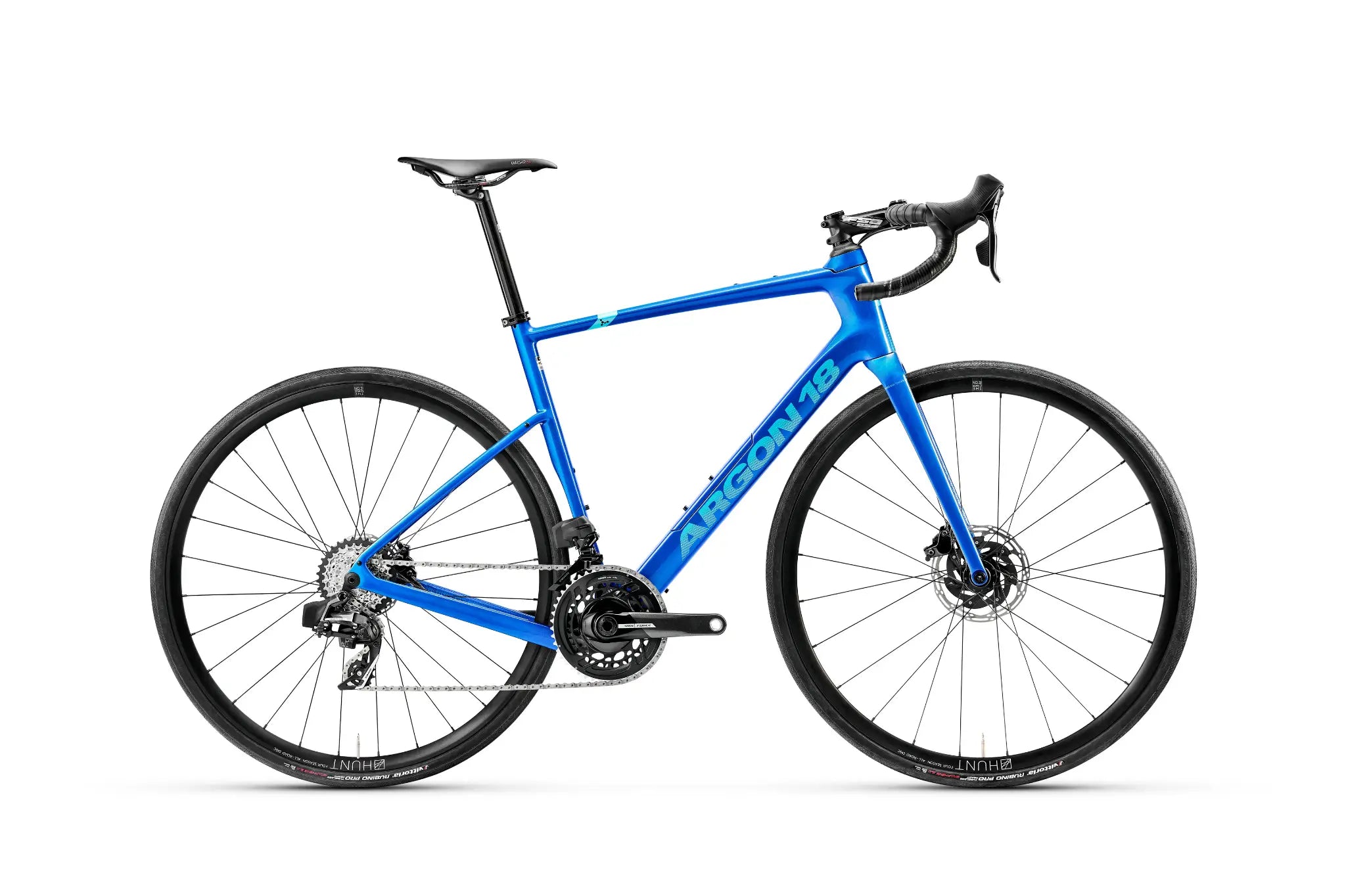 Blue bicycle with black components on a white background