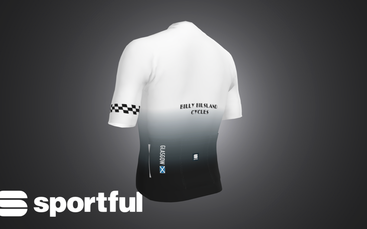 3D render of the 45th Anniversary Short Sleeve Mens Jersey back view with 'Billy Bilsland Cycles' text and Glasgow flag detail.