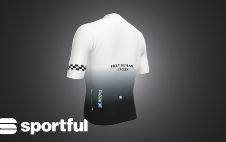 3D render of the 45th Anniversary Short Sleeve Mens Jersey back view with 'Billy Bilsland Cycles' text and Glasgow flag detail.