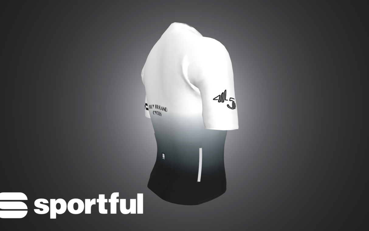 Side view 3D render of the 45th Anniversary Short Sleeve Mens Jersey showing sleeve logo and gradient color transition.