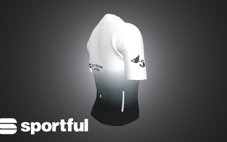 Side view 3D render of the 45th Anniversary Short Sleeve Mens Jersey showing sleeve logo and gradient color transition.