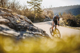 Purple and blue Merida Scultura Endurance 9000 road bike ridden on a sunlit winding road with mountainous background.