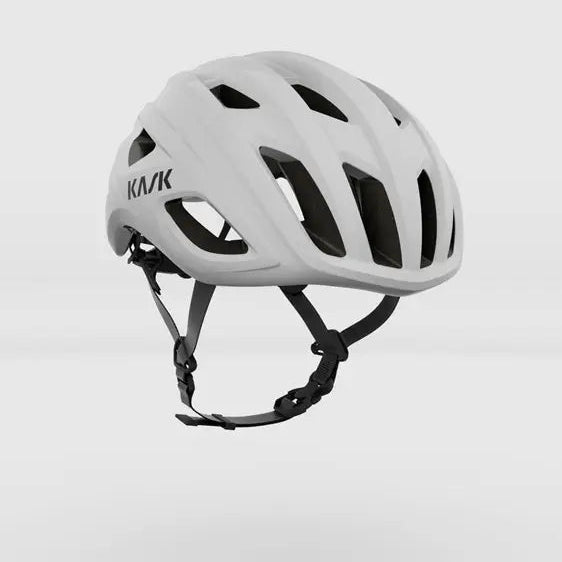 Kask Mojito3 road helmet in white and grey, angled side view on a grey background