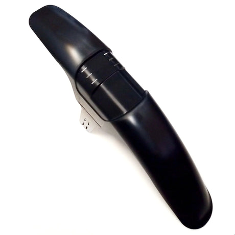 Mudhugger EVO Long front mudguard in black, showing the fork mounting tabs and zip tie slots