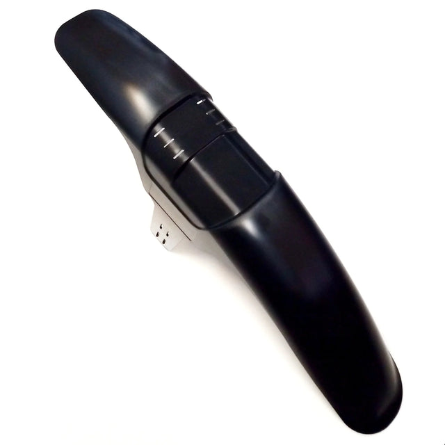 Mudhugger EVO Long front mudguard in black, showing the fork mounting tabs and zip tie slots