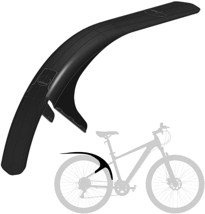 Mudhugger MK2 rear mudguard in black, shown beside an outline of a mountain bike to show where it sits