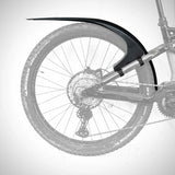 Mudhugger MK2 rear mudguard shown in position above the rear wheel of a mountain bike on a white background