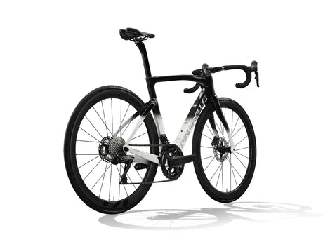 Rear angled view of the Pinarello F7 Ultegra Di2 road bike in black and white, showcasing its carbon frame and race-ready geometry.