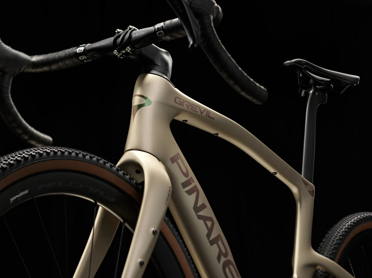 Altai Dust Pinarello Grevil F1 frame detail showing the head tube, top tube and down tube logo.