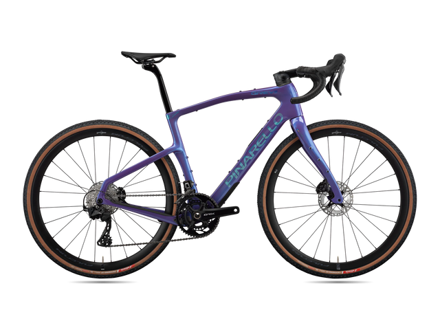 Patagonia Frost Pinarello Grevil F3 gravel bike in drive-side profile, pictured with a Shimano GRX 2x build.