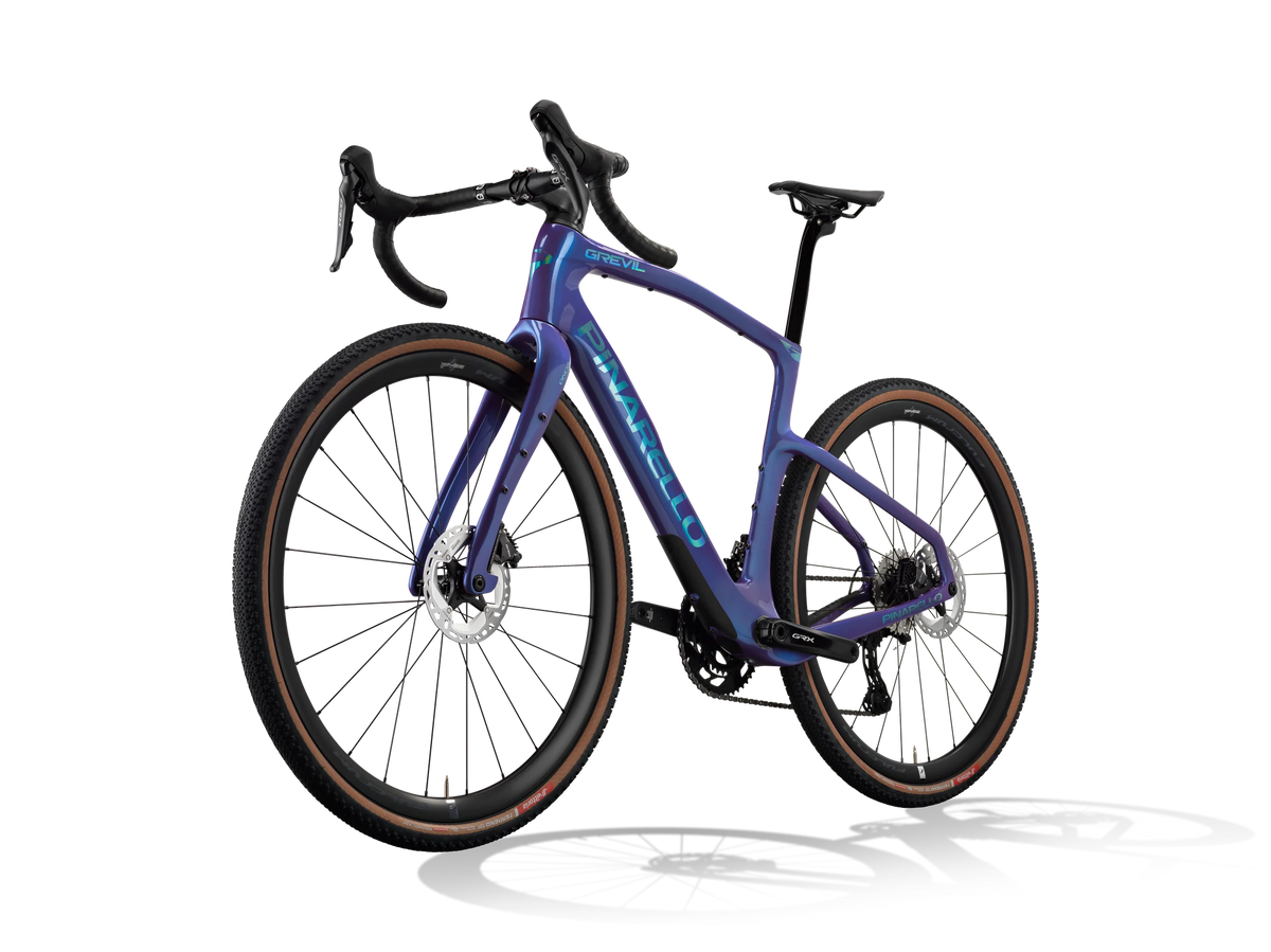 Patagonia Frost Pinarello Grevil F3 gravel bike from a front three-quarter angle, non-drive side.