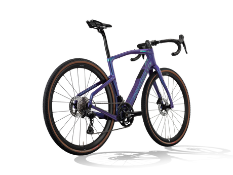 Patagonia Frost Pinarello Grevil F3 gravel bike from a rear three-quarter angle, pictured with a Shimano GRX drivetrain.