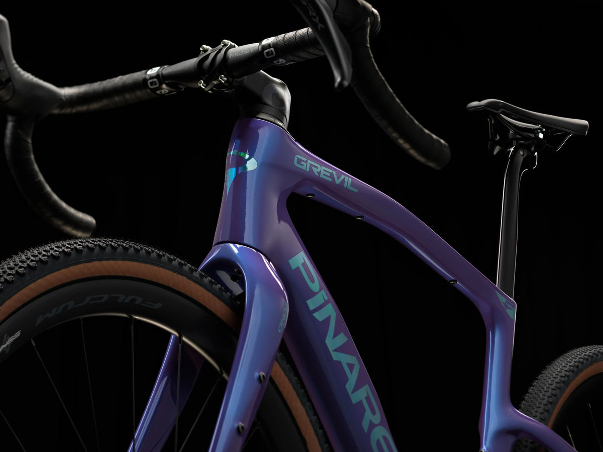 Patagonia Frost Pinarello Grevil F3 frame detail showing the head tube, top tube and down tube logo.