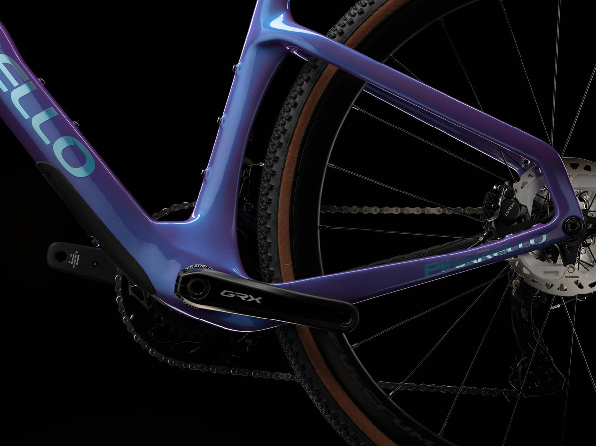 Bottom bracket and chainstay of the Patagonia Frost Pinarello Grevil F3, pictured with a Shimano GRX crank.