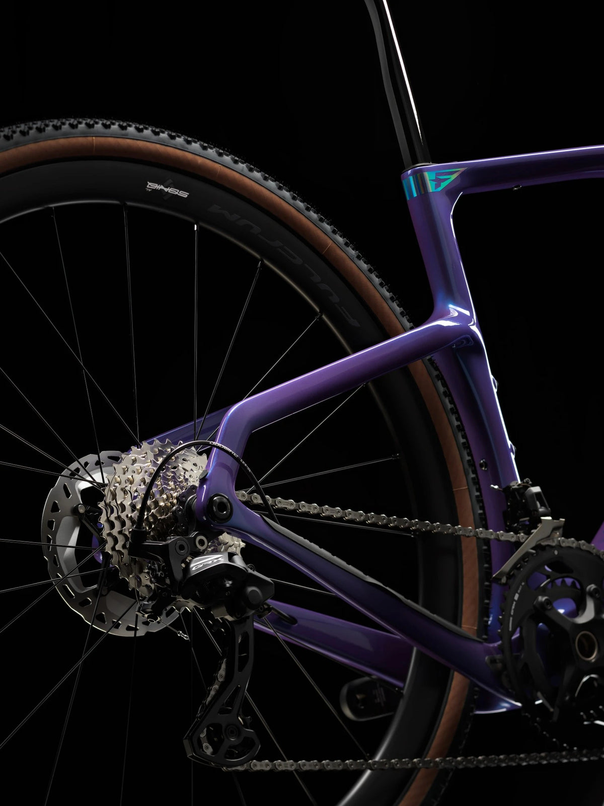 Rear of the Patagonia Frost Pinarello Grevil F3, pictured with a Shimano GRX rear derailleur and cassette.