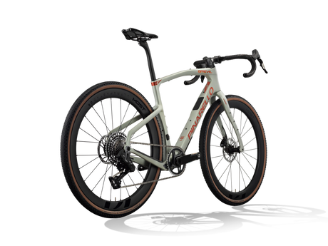Moab Amber Pinarello Grevil F7 gravel bike from a rear three-quarter angle showing the rear derailleur and cassette.
