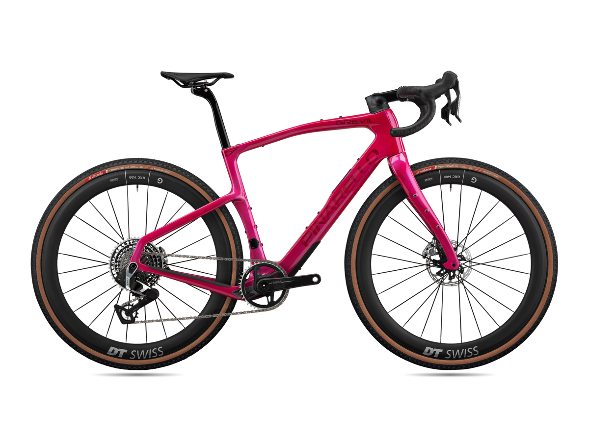 Lunar Bloom Pinarello Grevil F9 gravel bike, drive-side profile with SRAM Red XPLR AXS and DT Swiss wheels.