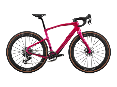 Lunar Bloom Pinarello Grevil F9 gravel bike, drive-side profile with SRAM Red XPLR AXS and DT Swiss wheels.