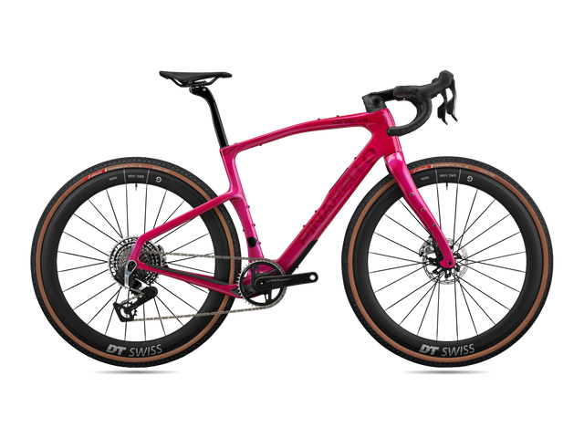 Lunar Bloom Pinarello Grevil F9 gravel bike, drive-side profile with SRAM Red XPLR AXS and DT Swiss wheels.