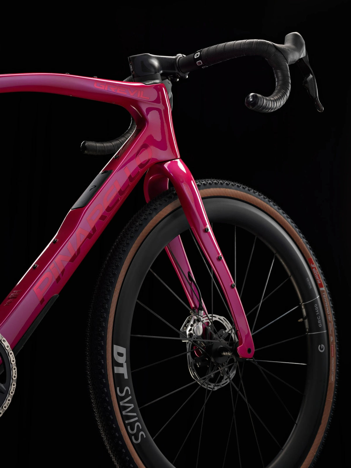 Front end of the Lunar Bloom Pinarello Grevil F9 with the Onda fork, head tube and DT Swiss front wheel.