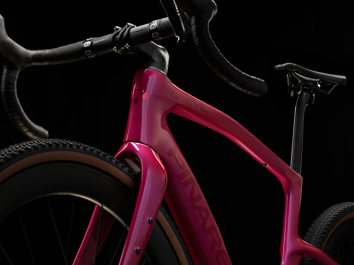 Lunar Bloom Pinarello Grevil F9 frame detail showing the head tube, top tube and down tube logo.