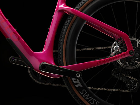 Bottom bracket and chainstay of the Lunar Bloom Pinarello Grevil F9 with the crank and rear disc brake.