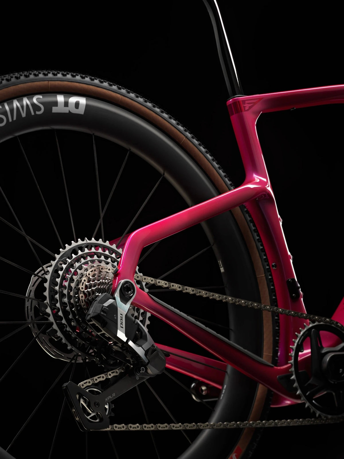 SRAM Red XPLR AXS rear derailleur and 13-speed cassette on the Lunar Bloom Pinarello Grevil F9.